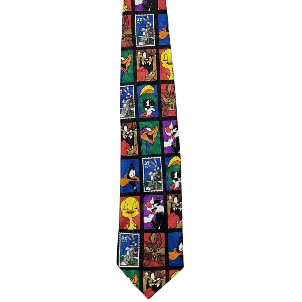Looney Tunes Bugs Bunny Tweety Characters Postage Stamp Vintage Necktie 90s Tie